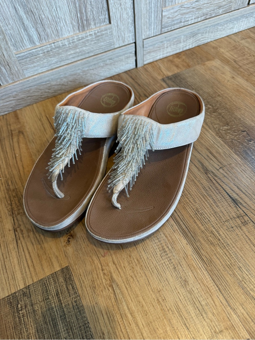 FitFlop Beaded Fringe Sandals - Champagne/Brown Size 10